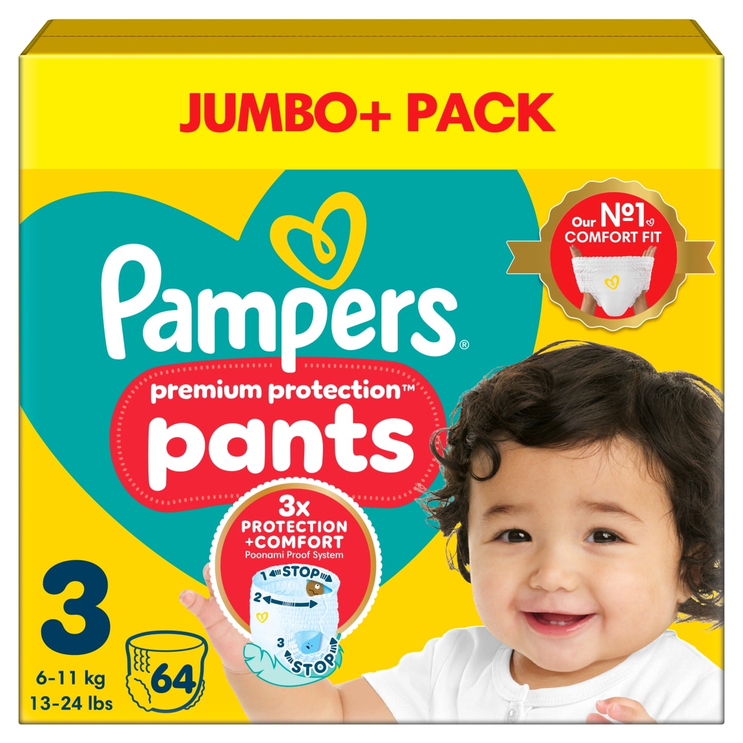 Pampers Premium Protection Nappy Pants Size 3, 64 Nappies, 6kg-11kg, Jumbo+ Pack