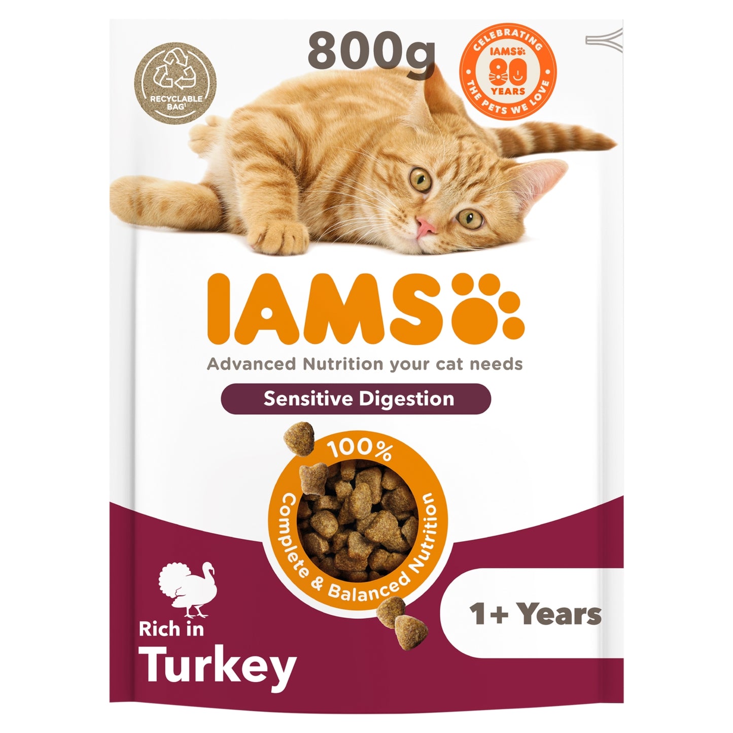 Iams Advanced Nutrition Sensitive Digestion Dry Cat Food Turkey 800g