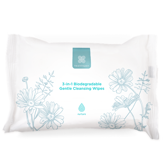 Healthspan Nurture 3−in−1 Biodegradable Gentle Cleansing Wipes (25 wipes)