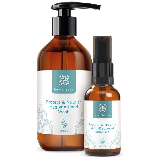 Healthspan Protect & Nourish Hand Wash and Anti−Bacterial Gel Duo Pack (300ml/50ml)