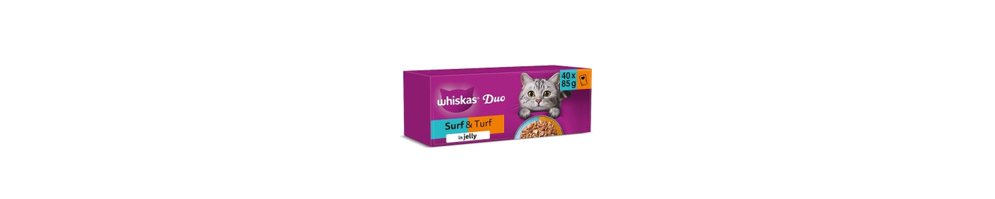 Whiskas 1+ DUO Surf & Turf Wet Cat Food Pouches in Jelly 40 x 85g