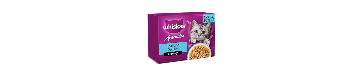 Whiskas 1+ AROMATIC SEAFOOD Delight Wet Cat Food Pouches in Gravy 12 x 85g