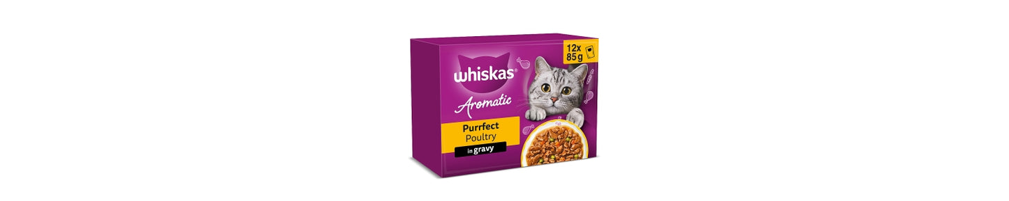 Whiskas 1+ AROMATIC Purrfect POULTRY Wet Cat Food Pouches in Gravy 12 x 85g
