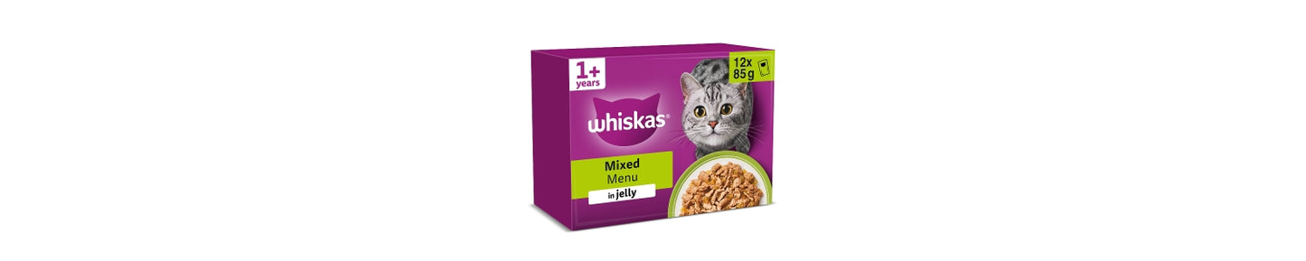 Whiskas 1+ MIXED Menu Wet Cat Food Pouches in Jelly 12 x 85g