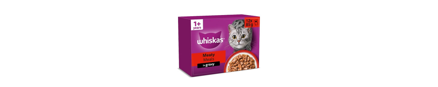 Whiskas 1+ MEATY Meals Wet Cat Food Pouches in Gravy 12 x 85g