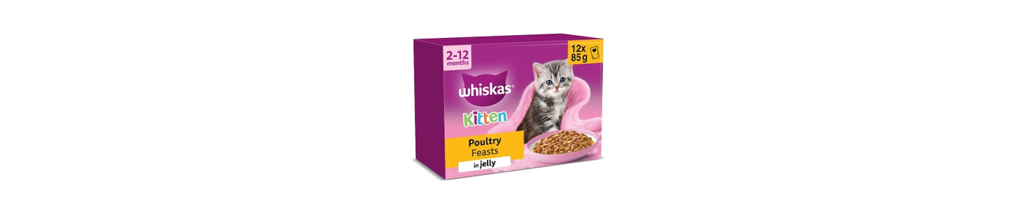 Whiskas Kitten 2-12 mnths POULTRY Feasts Wet Cat Food Pouches in Jelly 12 x 85g