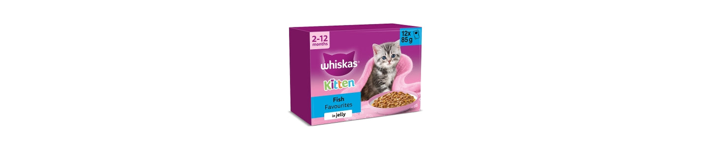Whiskas Kitten 2-12 mnths FISH Favourites Wet Cat Food Pouches in Jelly 12 x 85g
