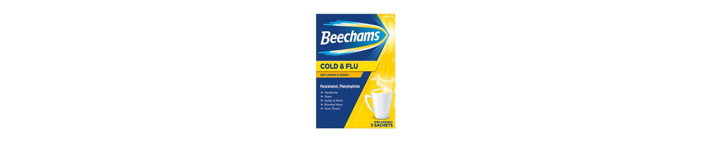 Beechams Hot Drink Sachets, Cold & Flu Relief with Paracetamol, Lemon & Honey flavour, 5s