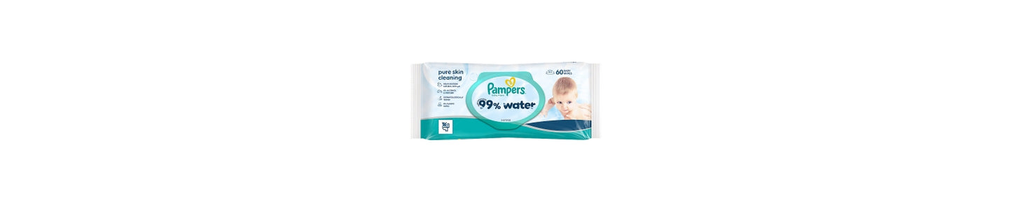 Pampers 99% Water Baby Wipes, 60 Baby Wet Wipes