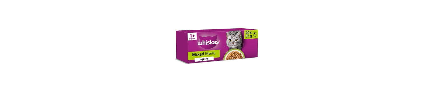 Whiskas 1+ MIXED Menu Wet Cat Food Pouches in Jelly 40 x 85g