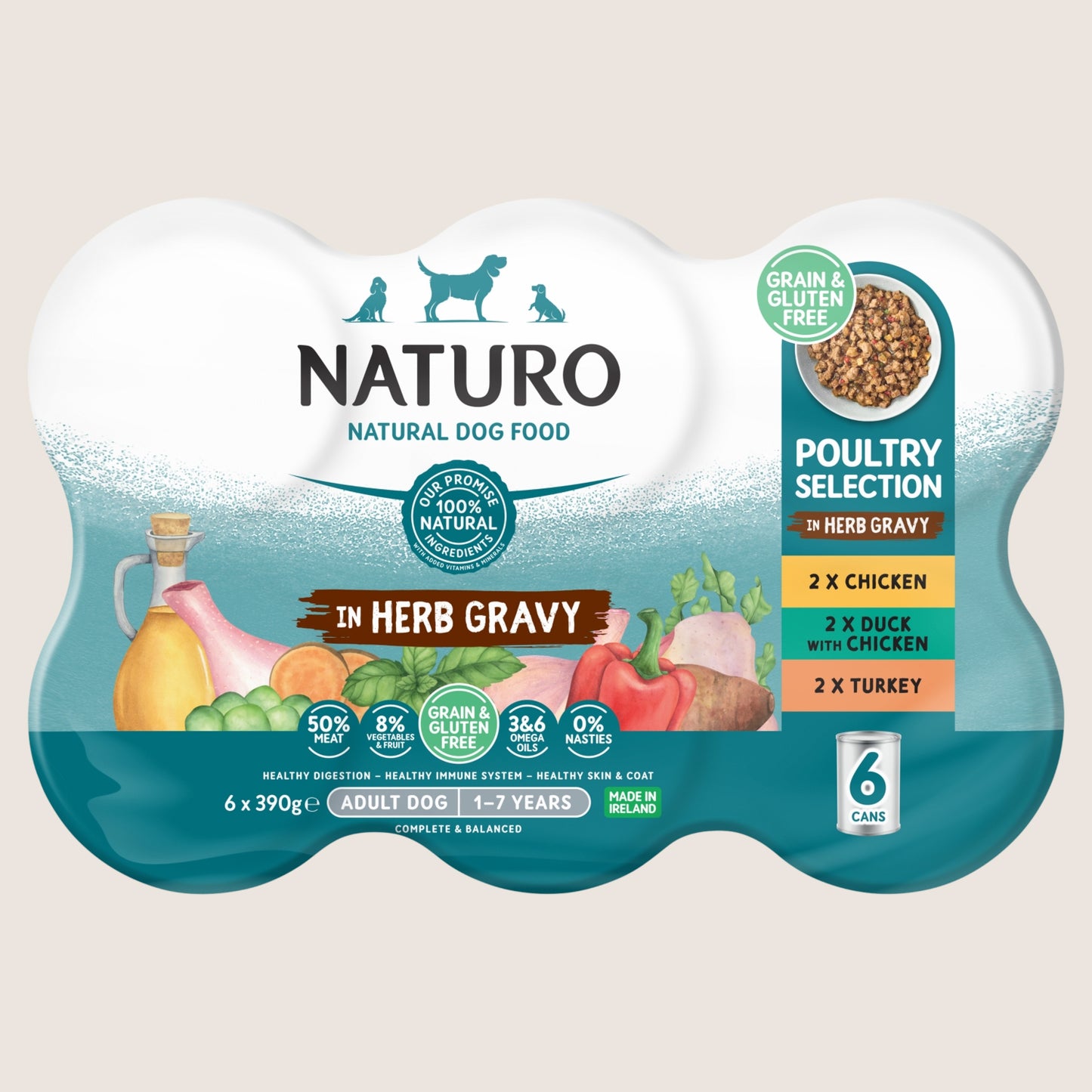 Naturo Natural Dog Food Poultry Selection in Herb Gravy Adult Dog 1-7 Years With Omega Oils 6 x 390g