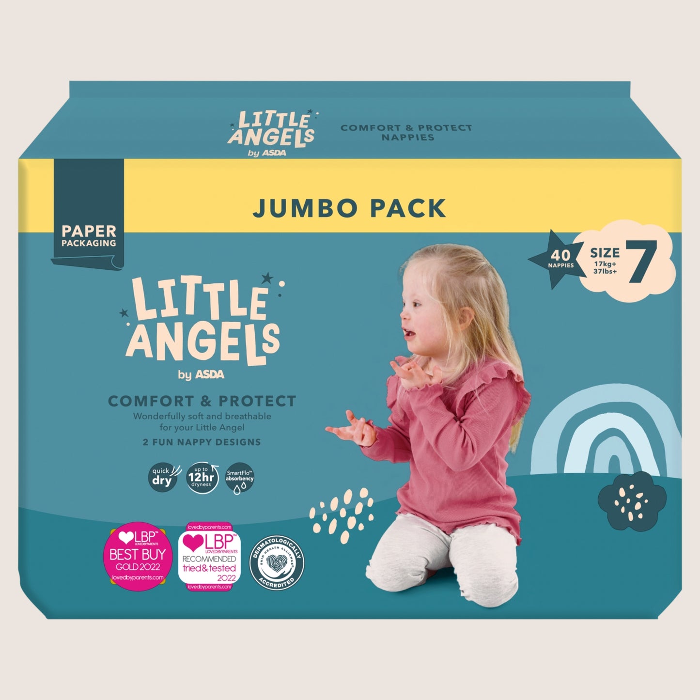 ASDA Little Angels Comfort & Protect Size 7 + 37lbs+ Size 7 40 Nappie 17kg