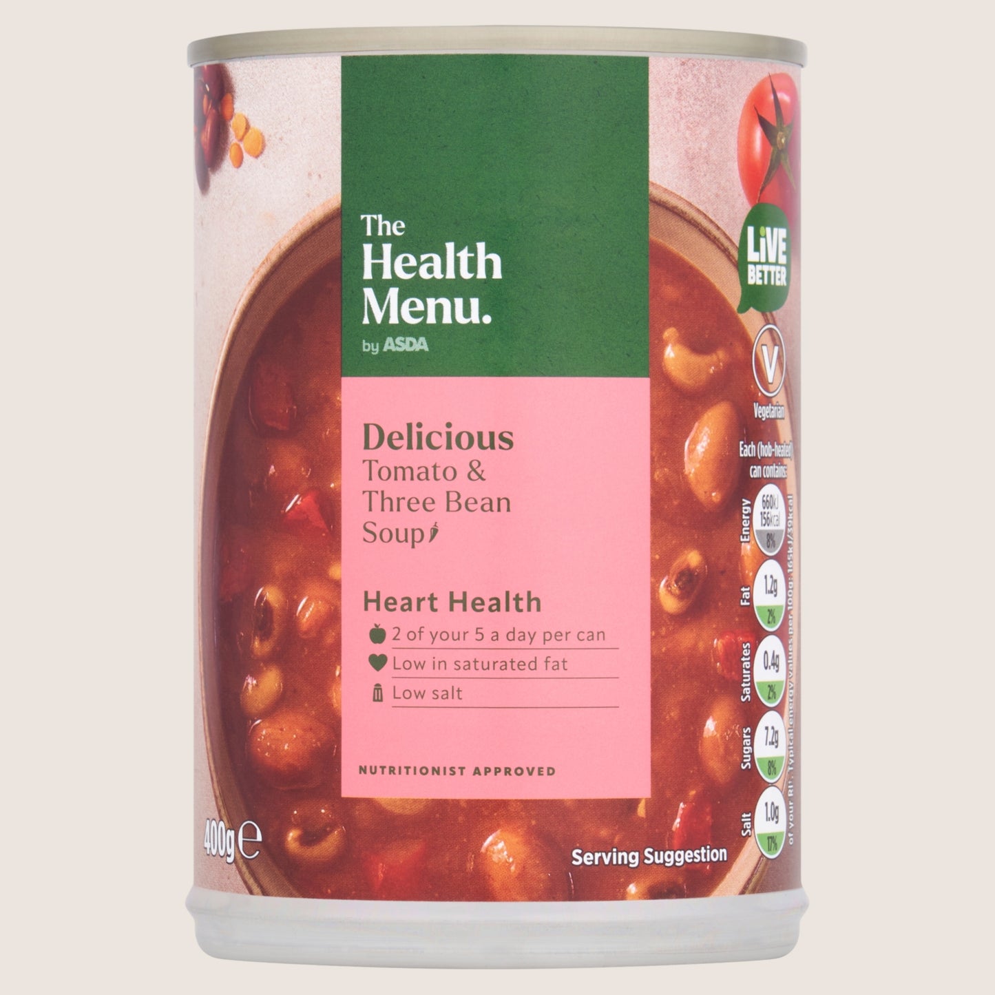 The Health Menu by ASDA The Health Menu Tomato & Three Bean Soup No Artificial Additives 400g