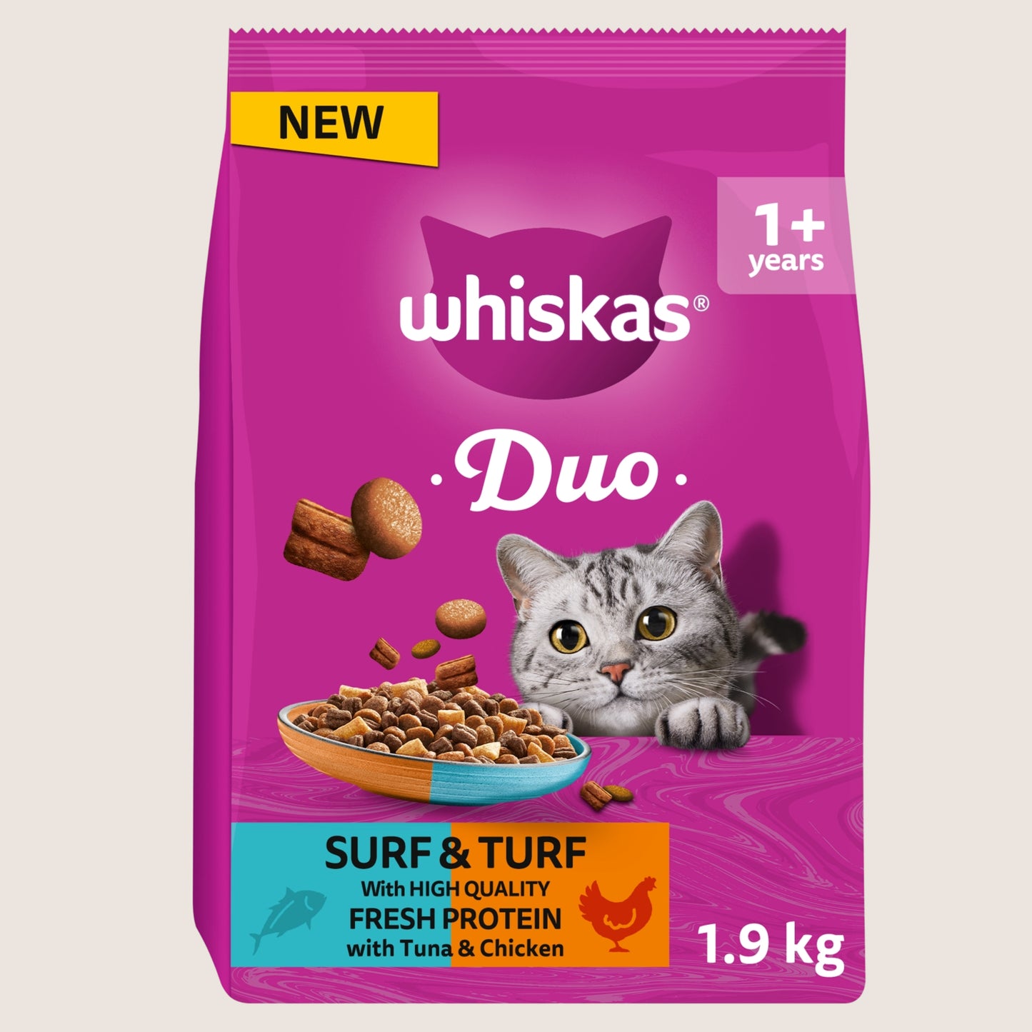 Whiskas WHISKAS 1+ DUO Surf & Turf Dry Cat Food With Taurine 1.9kg