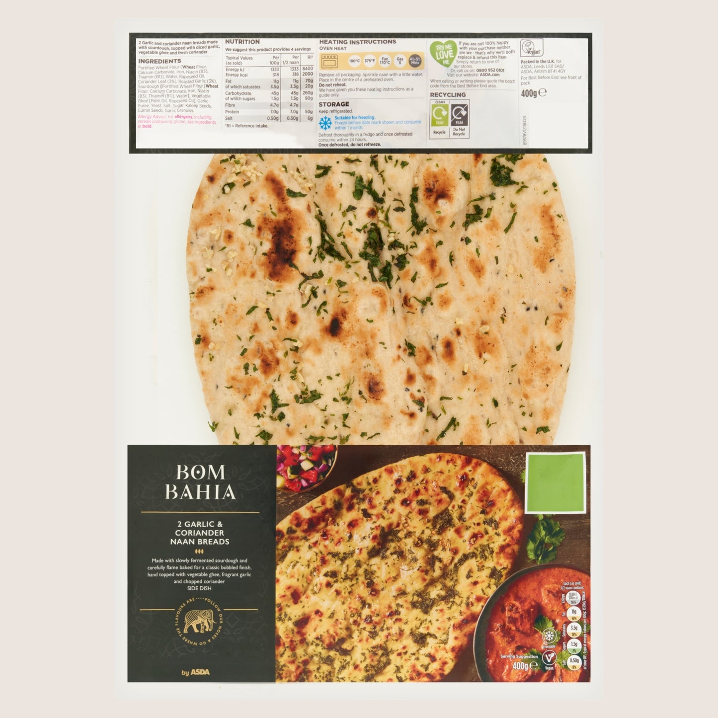 Bom Bahia by ASDA 2 Garlic & Coriander Naan Breads Vegan Friendly 400g