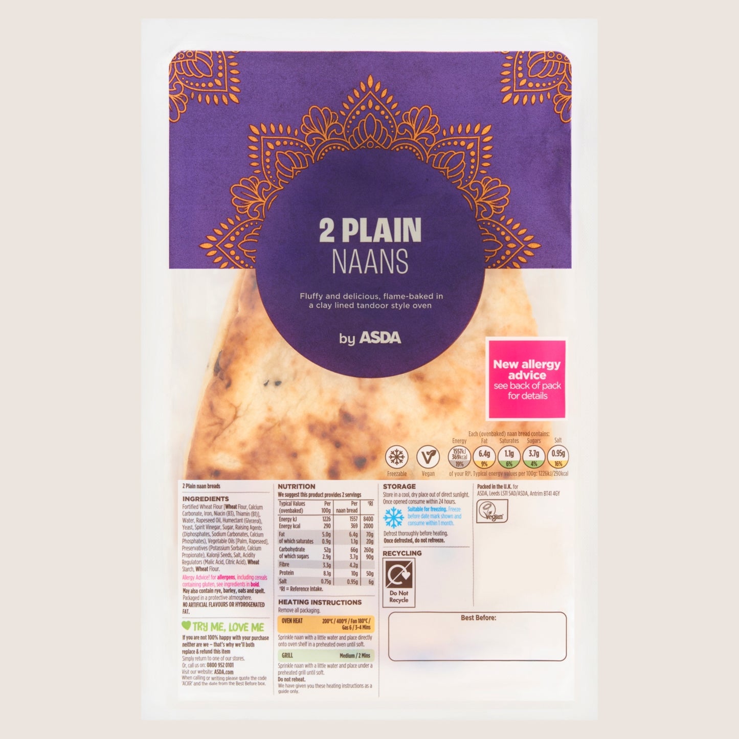 ASDA 2 Plain Naans Vegan Friendly