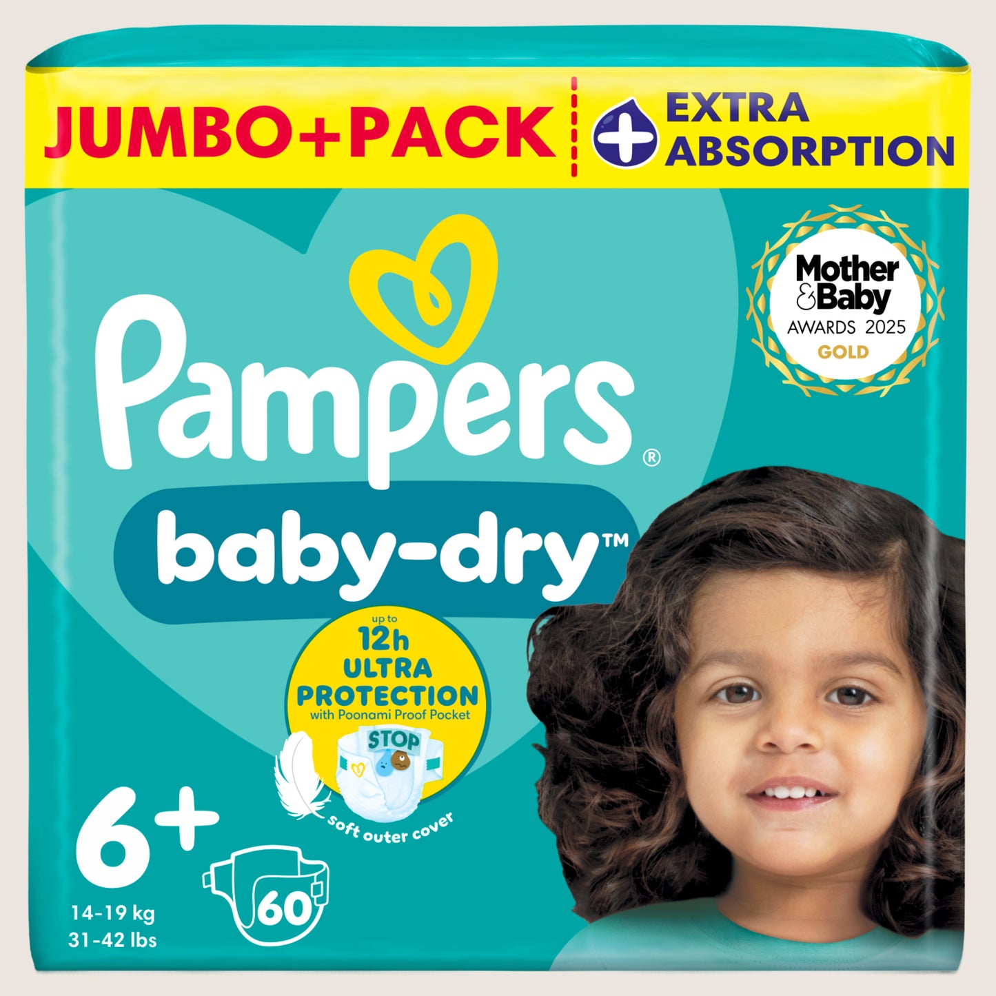 Pampers Baby-Dry Size 6+, , - Jumbo+ Pack Size 6 60 Nappie 14kg