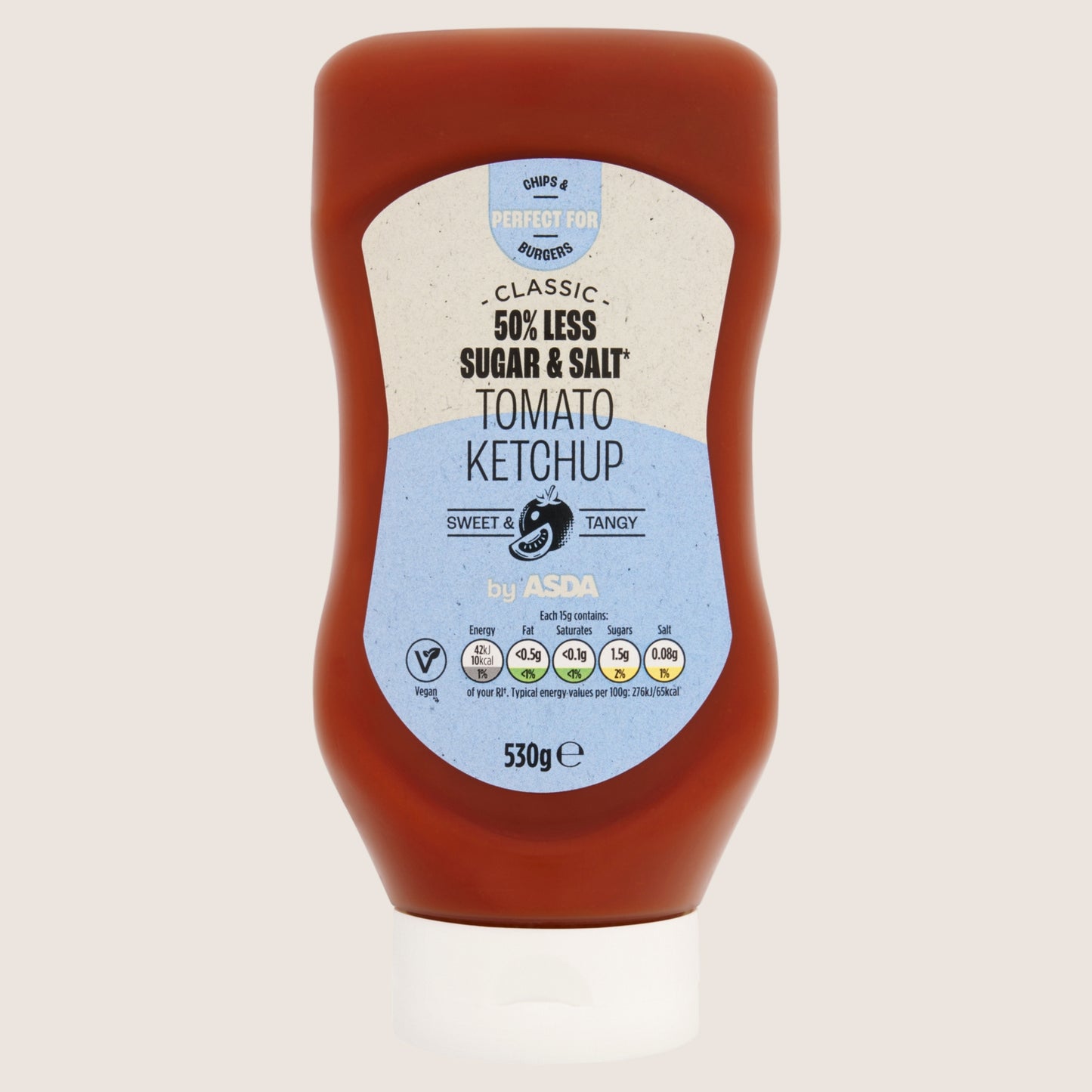 ASDA 50% Less Sugar & Salt Tomato Ketchup No Artificial Additives 530g