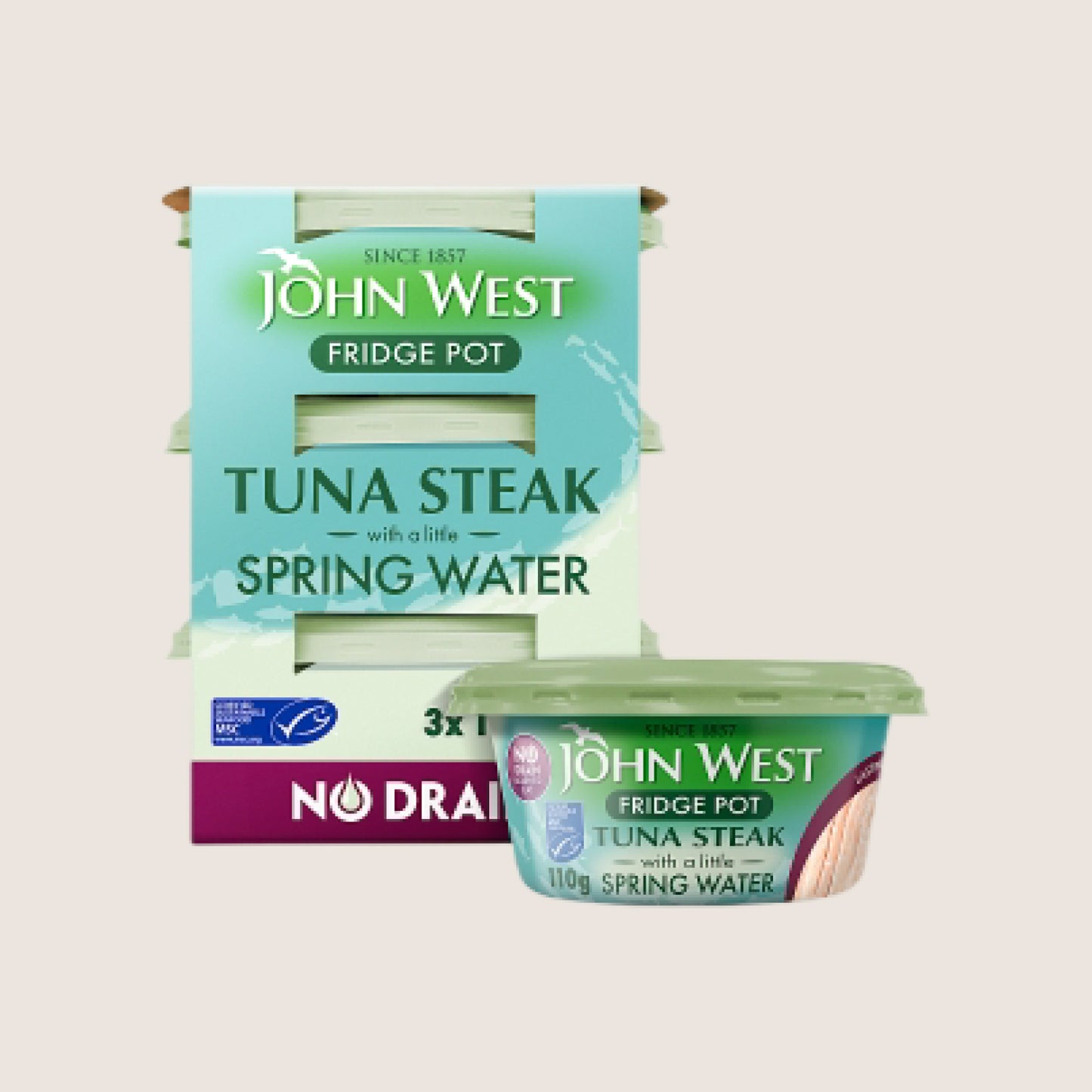 John West No Drain Fridge Pot Tuna Steak with a Little Spring Water MSC High in Protein 3x110g