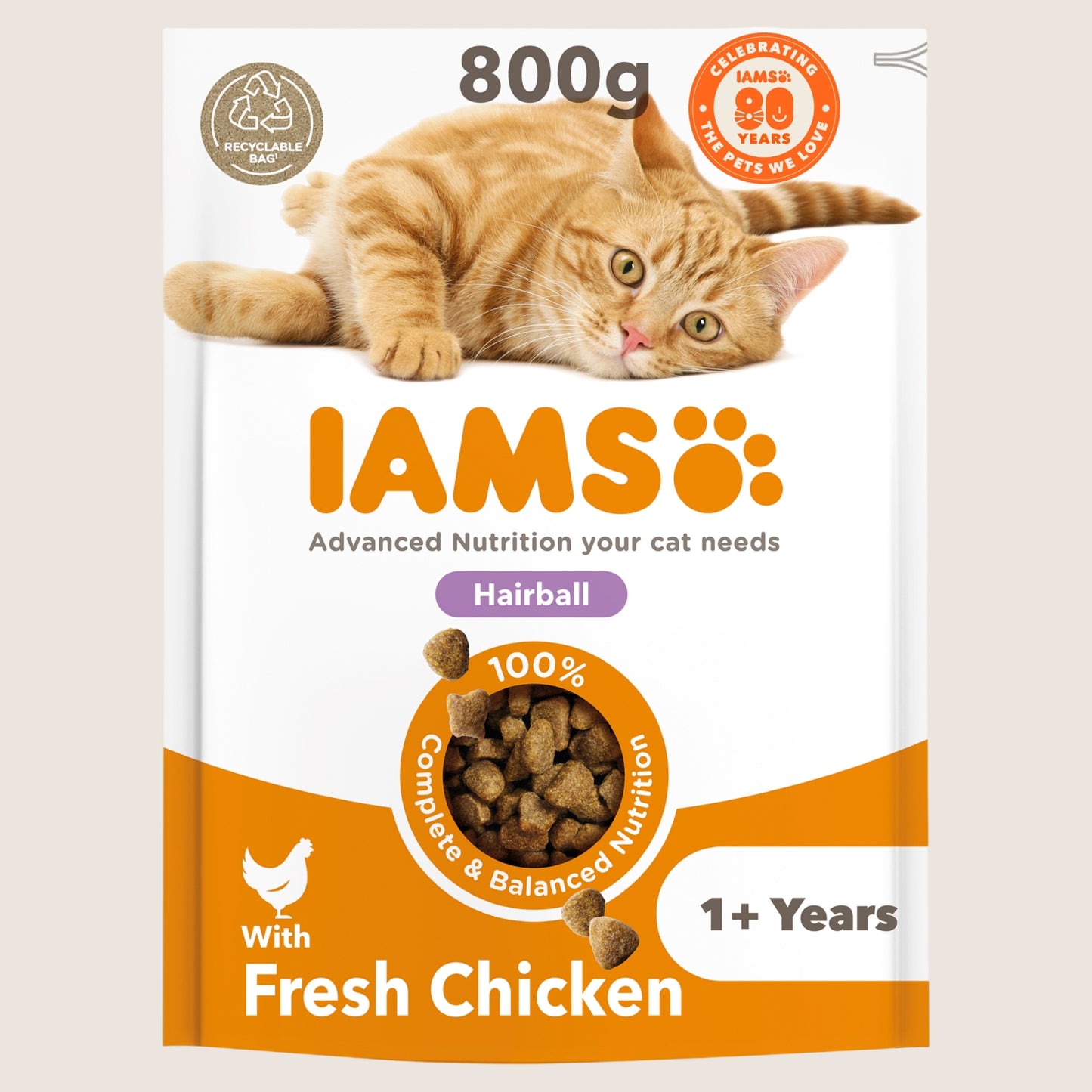 Iams Advanced Nutrition Hairball Dry Cat Food Chicken No Artificial Additives 800g