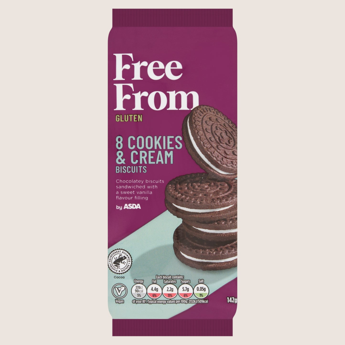 ASDA Free From Free From by 8 Cookies & Cream Biscuits Free From Artificial Additives 142g