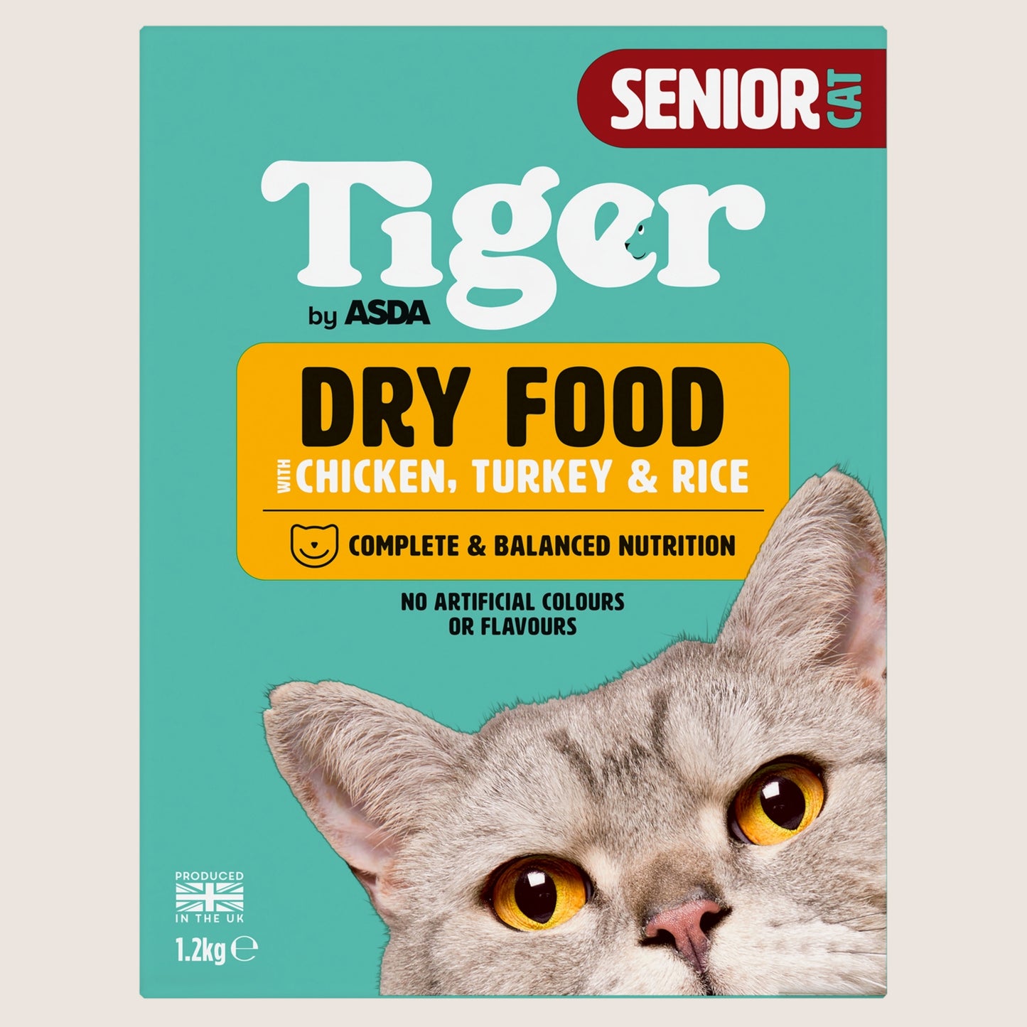 ASDA Tiger Senior Cat Dry Food with Chicken, Turkey & Rice Complete Nutrition 1.2kg