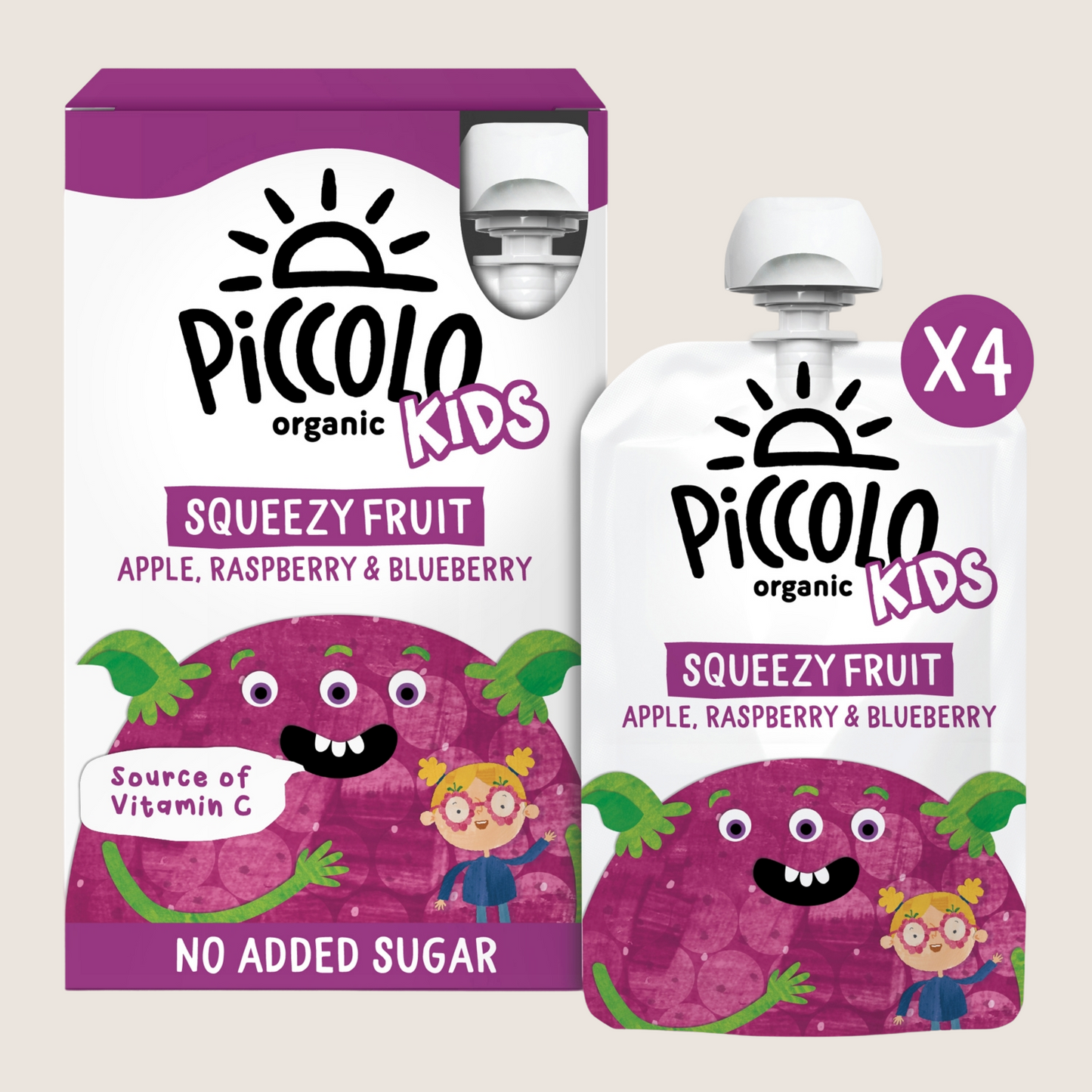 Piccolo Organic Kids Squeezy Fruit Apple Raspberry & Blueberry 4 x 90g