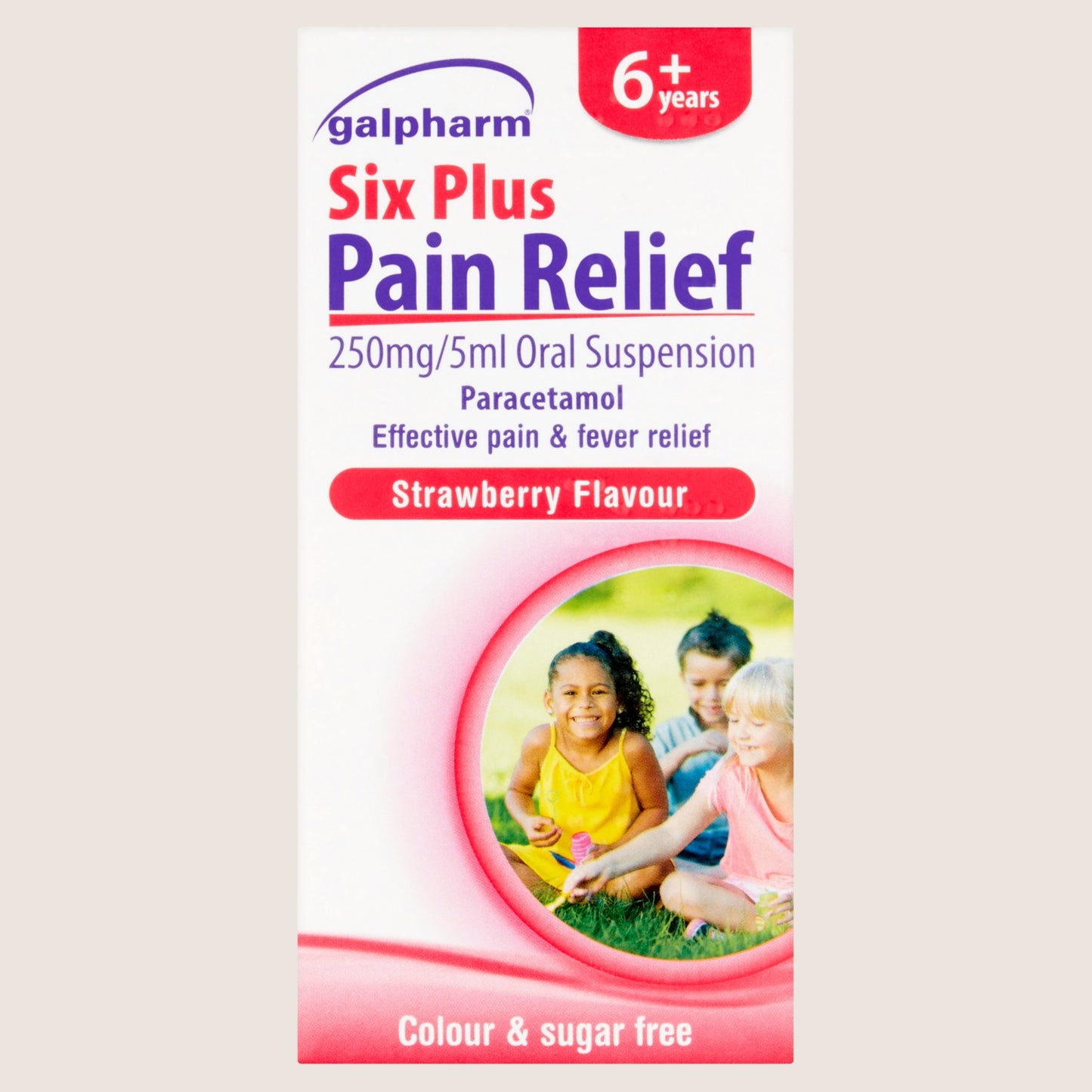 Galpharm Six Plus Pain Relief 250mg/ Oral Suspension Paracetamol Strawberry Flavour 6+ Years