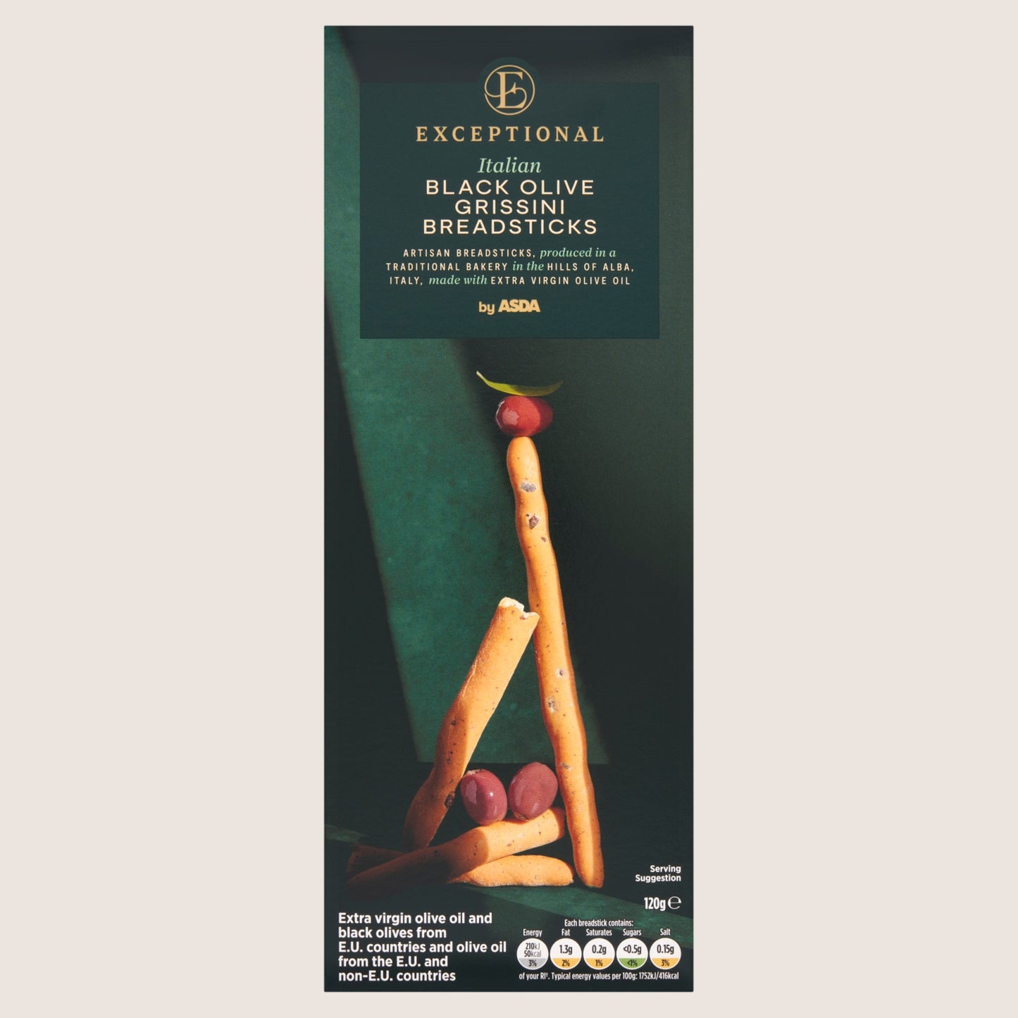 Exceptional by ASDA Italian Black Olive Breadsticks Free From Artificial Additives 120g