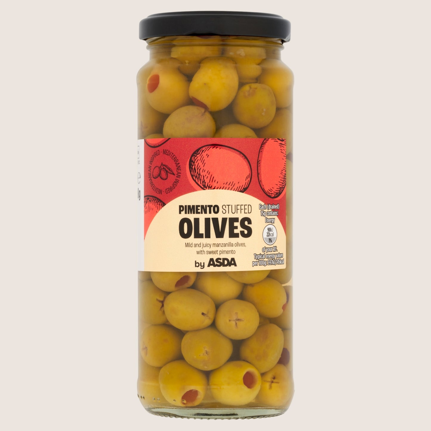 ASDA Pimento Stuffed Olives No Artificial Additives 340g