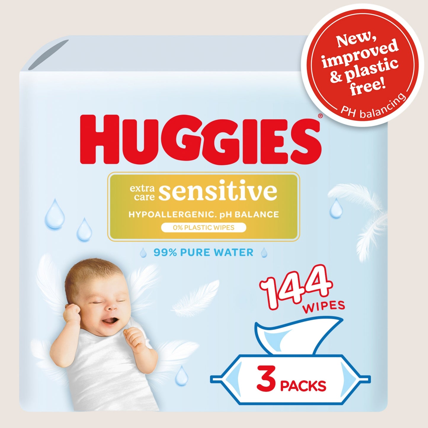 Huggies ® Huggies Pure Extra Care Sensitive Plastic Free Baby wipes - 3 packs of Sensitive Skin 48 Wipe