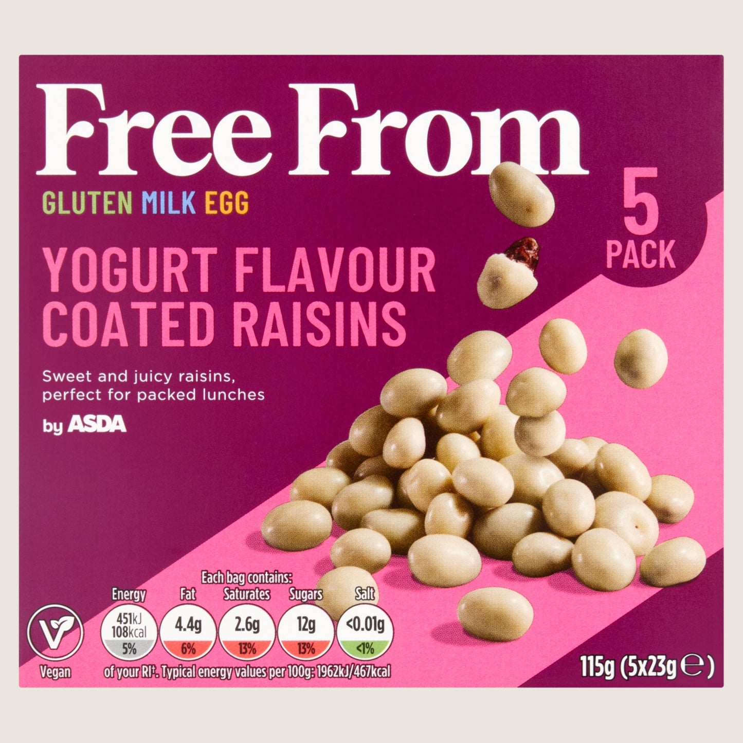Free From By ASDA Yogurt Flavour Coated Raisins Vegan Friendly 5 x 23g