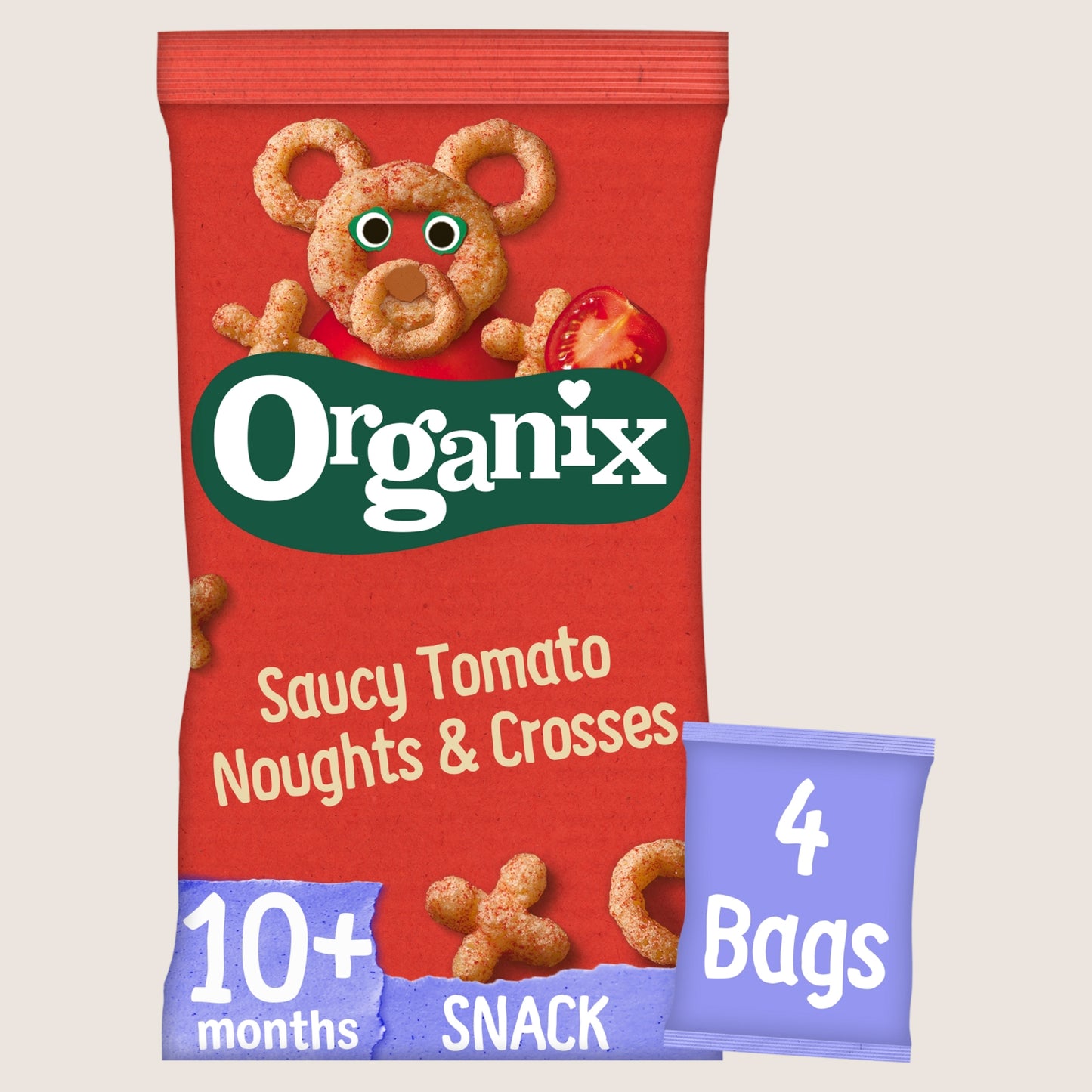 Organix Tomato Noughts & Crosses Organic Baby Snacks Puffs 10 months+ No Artificial Additives 4x15g