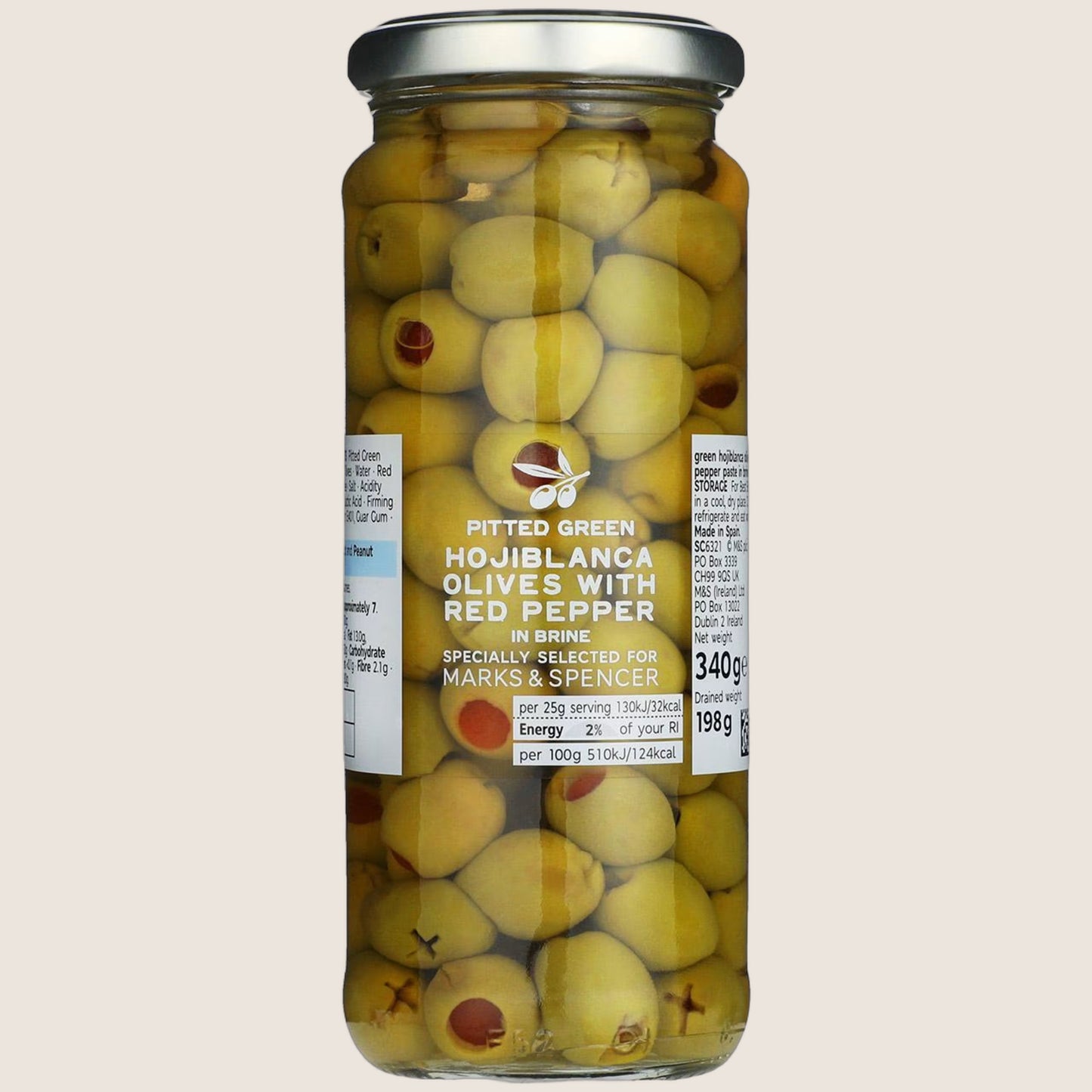 M&S Pitted Green Hojiblanca Olives With Red Pepper 340 g