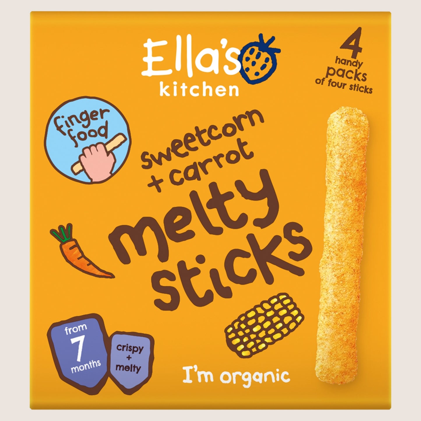 Ella's Kitchen Sweetcorn + Carrot Melty Sticks from 7 Months Gentle Formula 4 x 6g