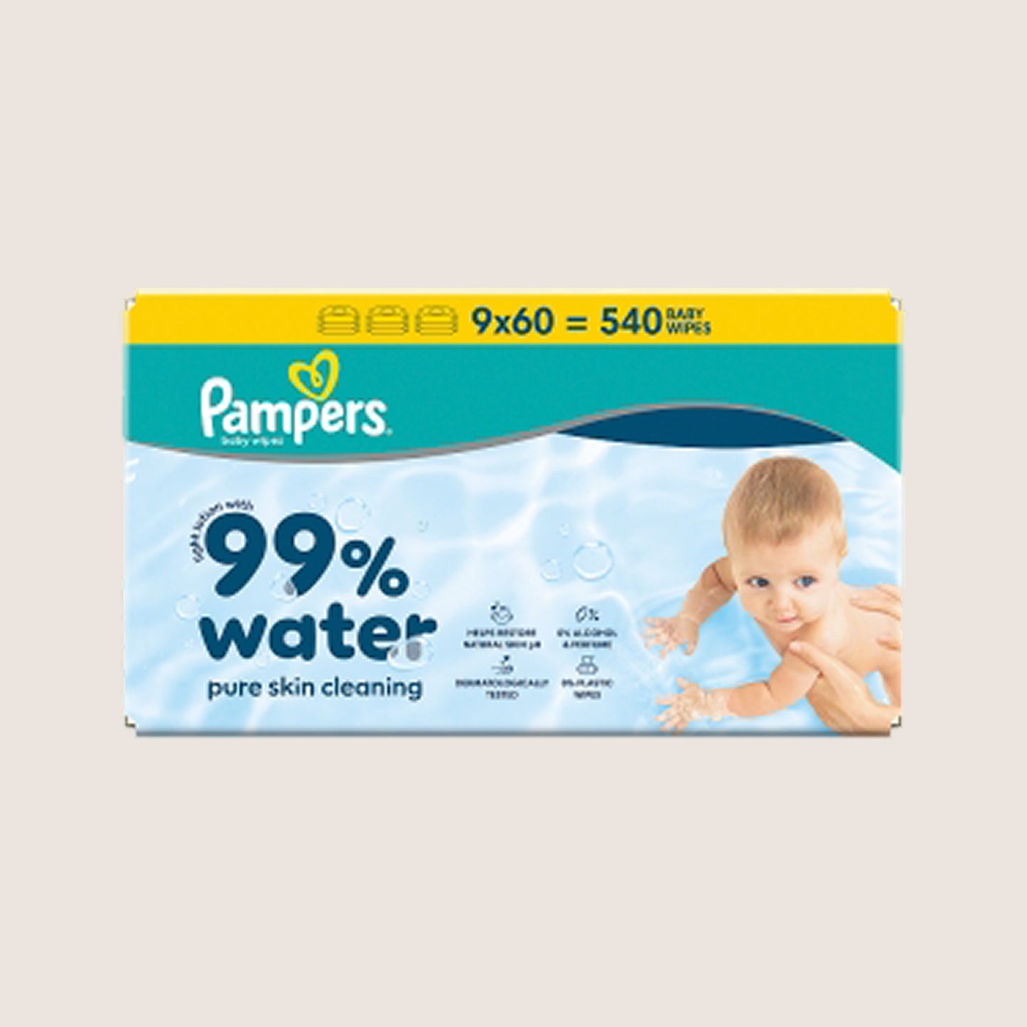 Pampers 99% Water Baby Wet Wipes, 540 Baby Wet Wipes Dermatologist Tested