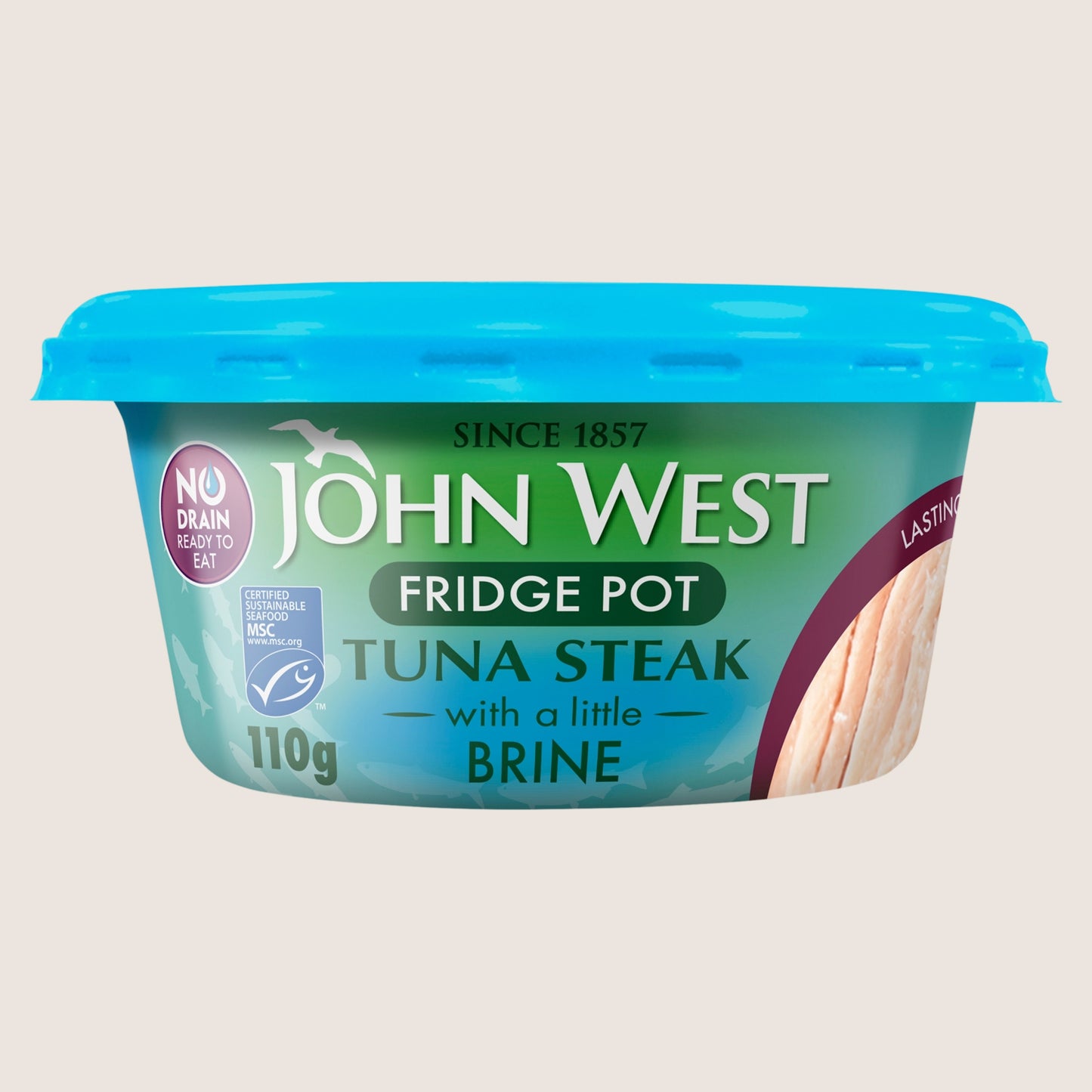 John West No Drain Fridge Pot Tuna Steak with a Little Brine MSC High in Protein 110g