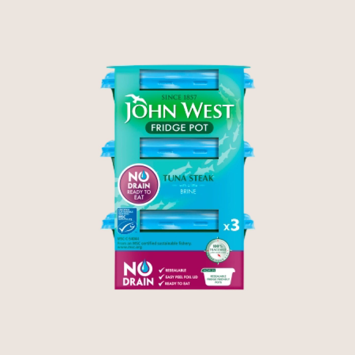 John West No Drain Fridge Pot Tuna Steak with a Little Brine MSC High in Protein 3x110g