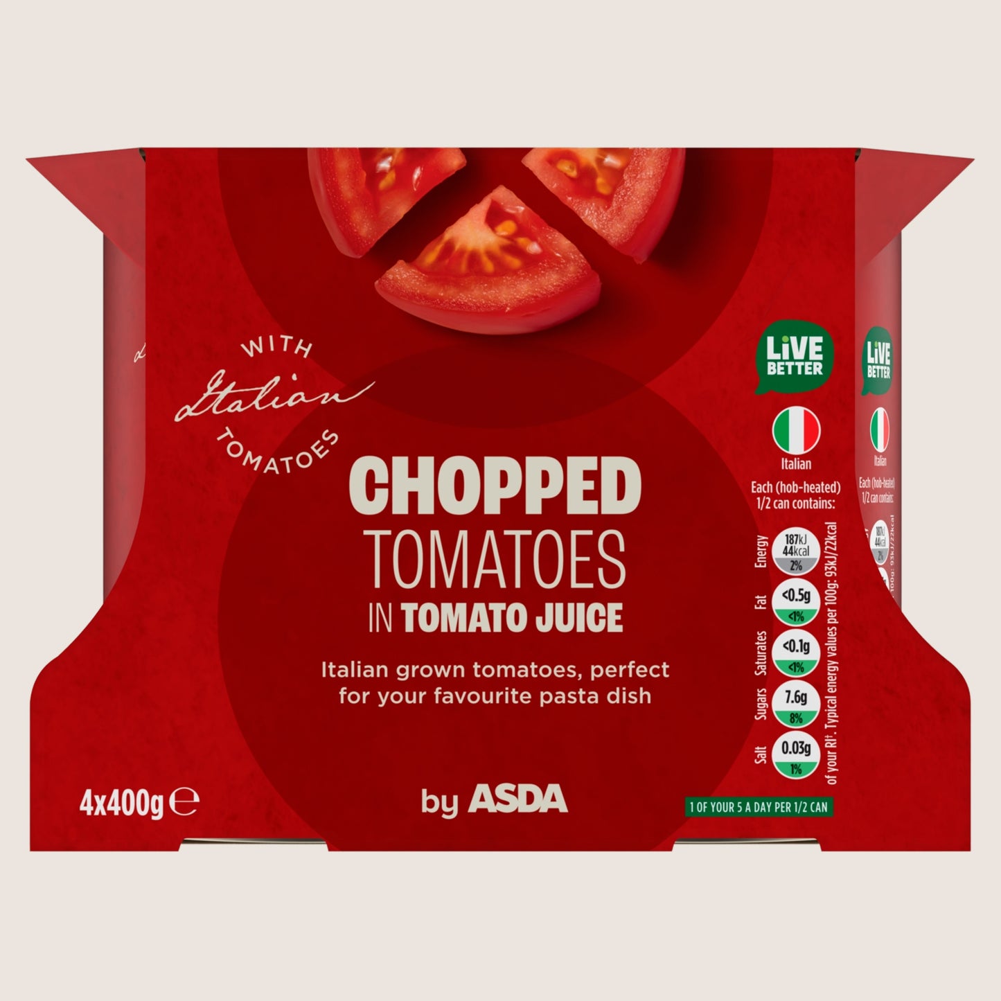 ASDA Chopped Tomatoes in Tomato Juice Sun Ripened Tomatoes 4 x 400g