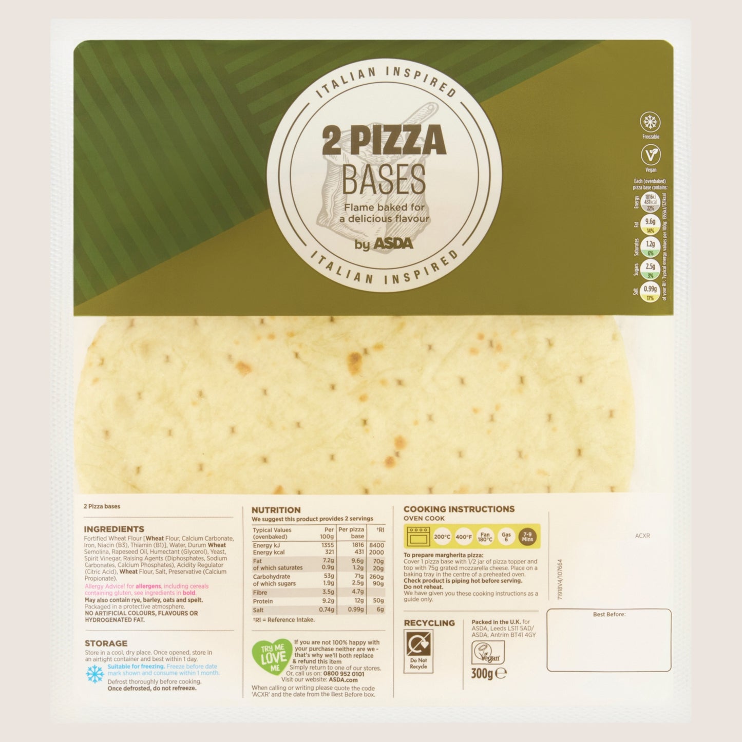 ASDA 2 Pizza Bases No Artificial Additives 300g