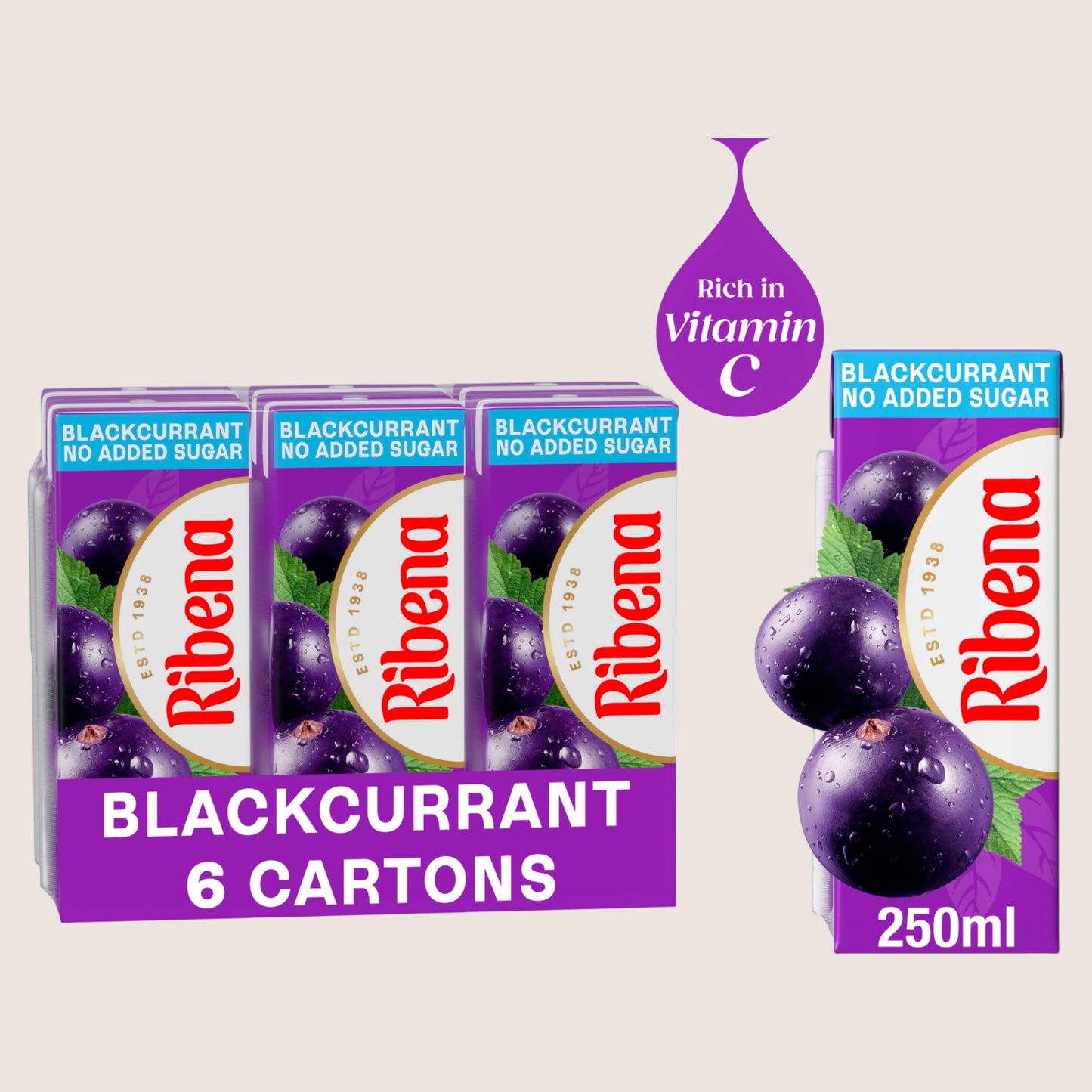 Ribena No Added Sugar Blackcurrant Juice Drink Cartons 6x250ml