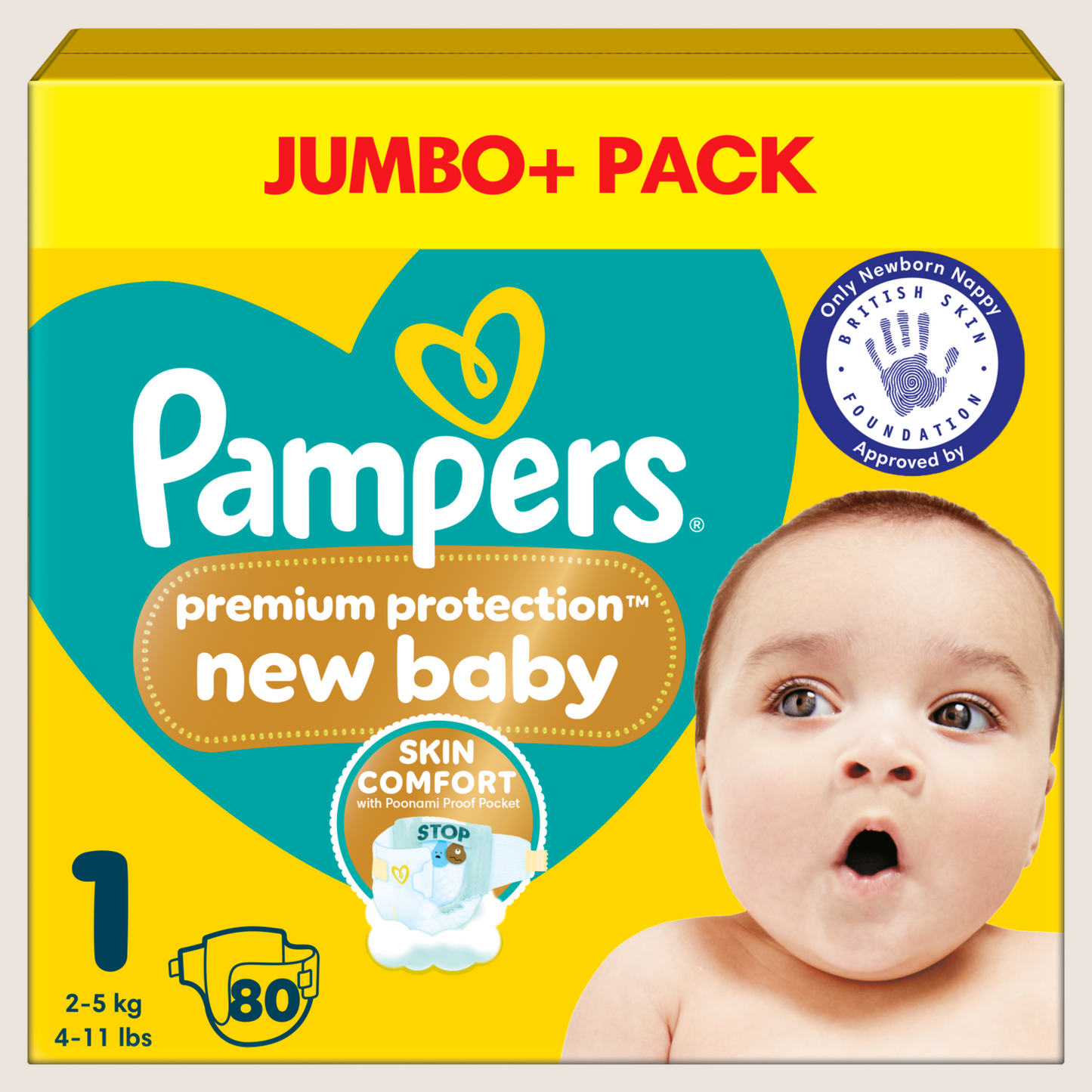 Pampers Premium Protection New Baby Size 1, , - Jumbo+ Pack Dermatologist Tested 80 Nappie 2kg