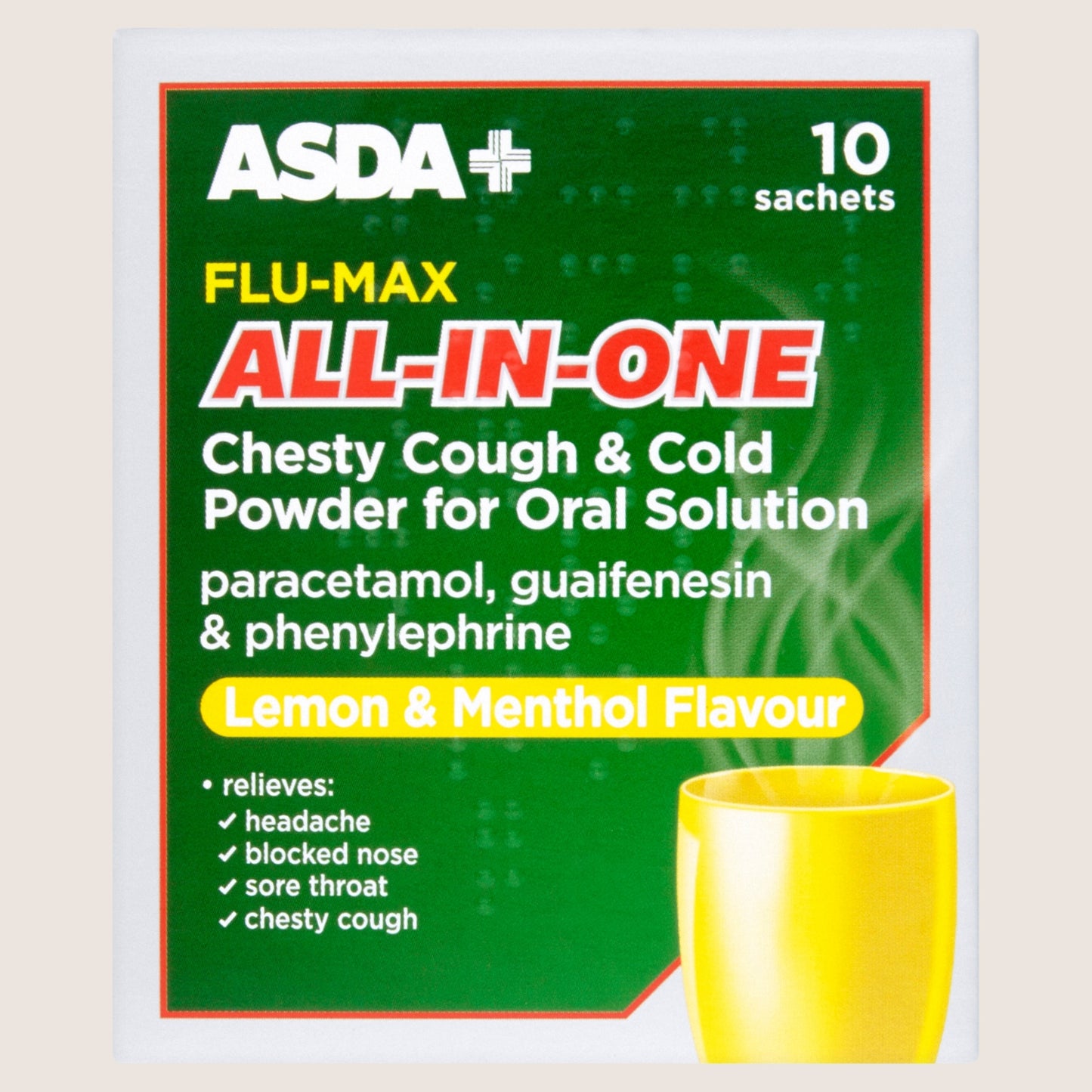 ASDA Flu-Max Chesty Cough & Cold Powder for Oral Solution Lemon & Menthol Flavour 10 Sachets