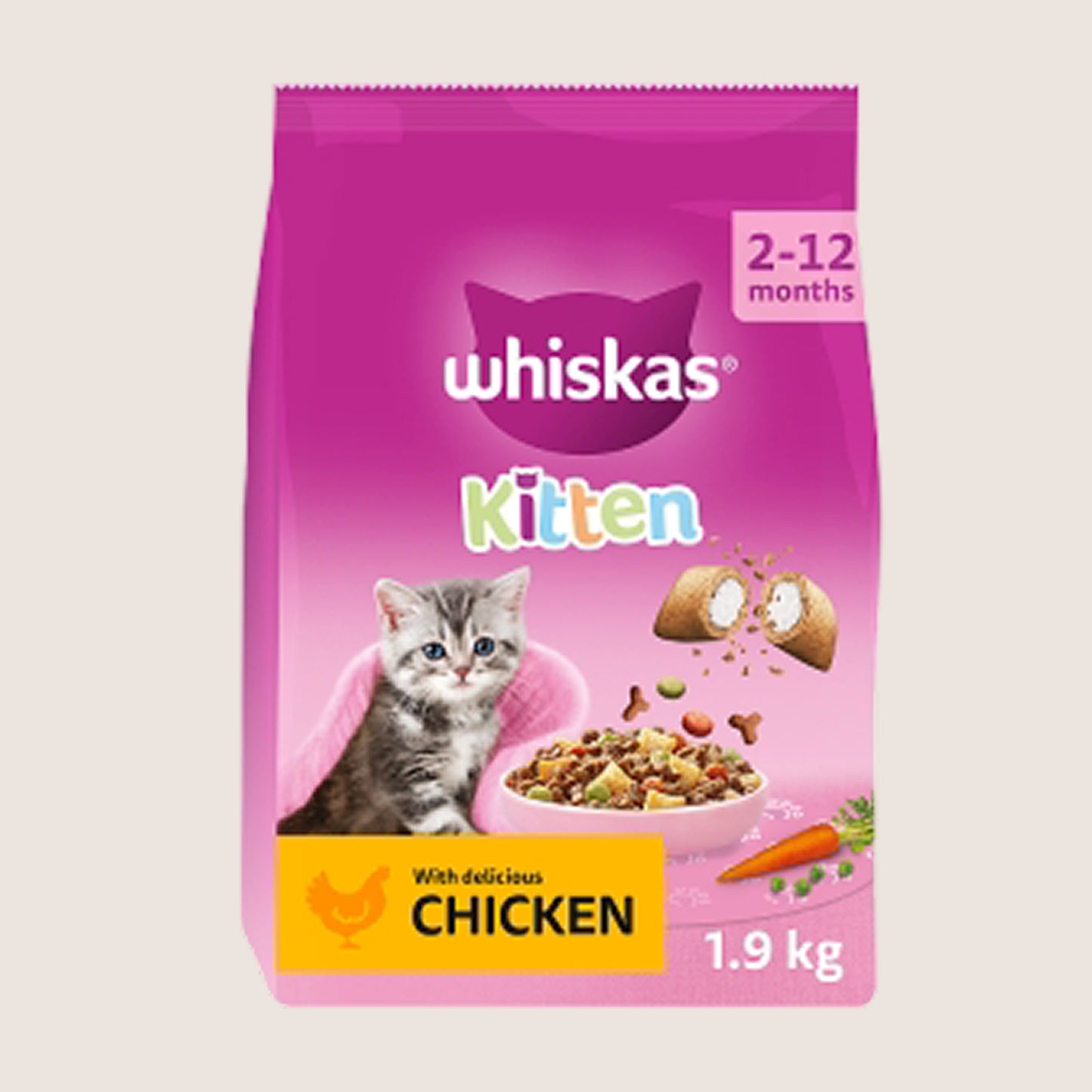 Whiskas Kitten 2-12 mnths Dry CHICKEN Cat Food No Artificial Additives 1.9kg