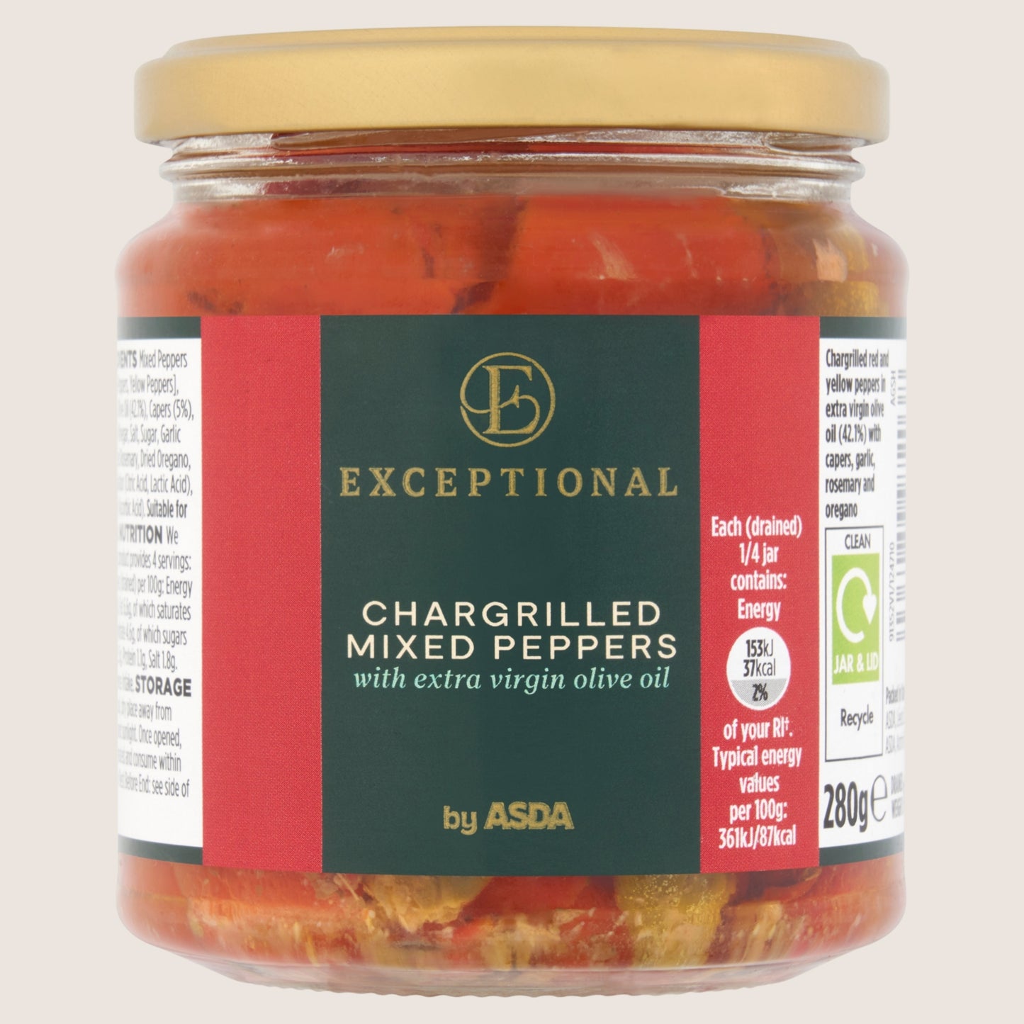 Exceptional by ASDA Chargrilled Mixed Peppers with Extra Virgin Olive Oil Extra Virgin 280g