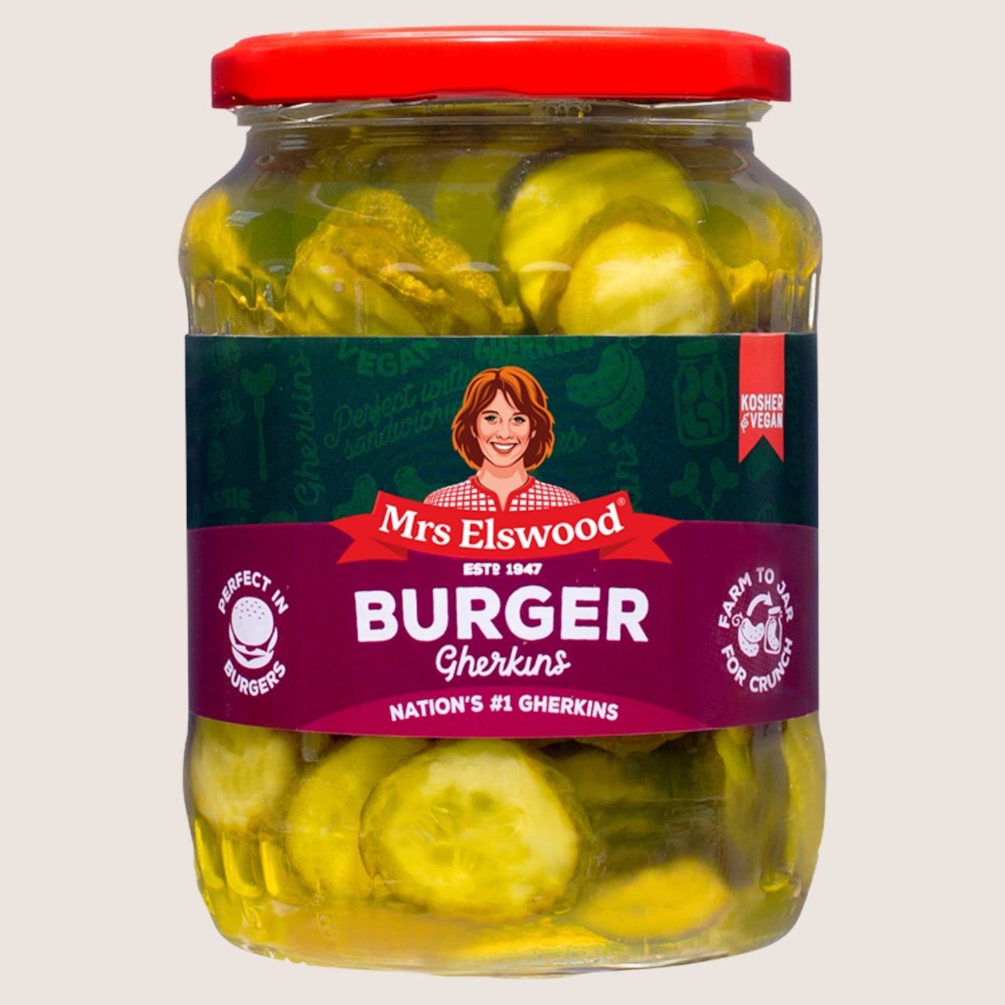 Mrs Elswood Burger Gherkins Kosher Certified 670g