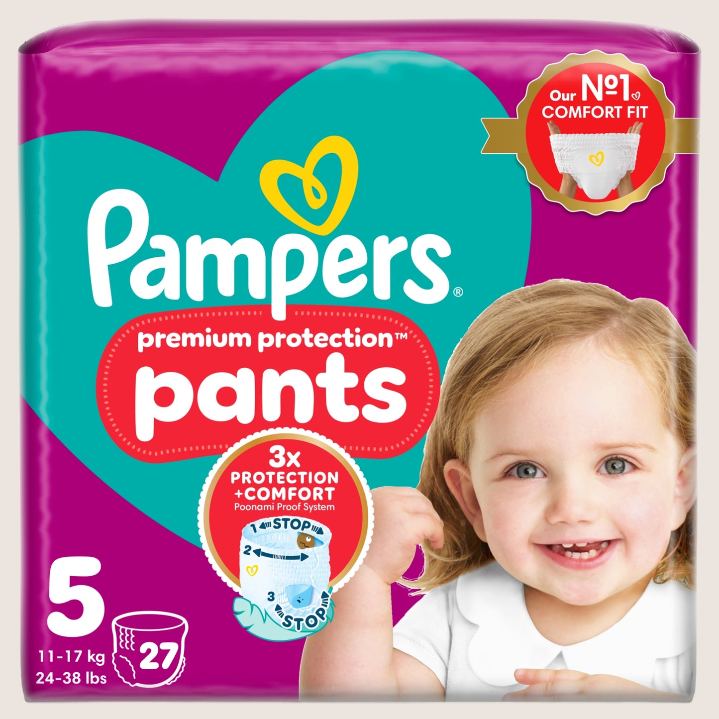 Pampers Premium Protection Nappy Pants Size 5, , - Essential Pack Dermatologist Tested 27 Nappie 11kg