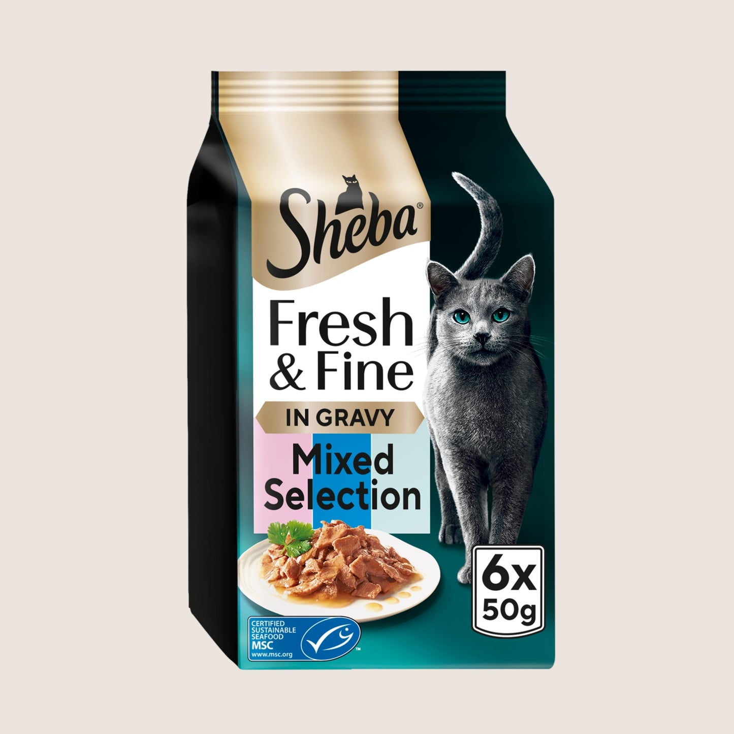 Sheba Fresh & Fine Adult Wet Cat Food Salmon, Tuna & Trout in Gravy Pouches With Taurine 6 x 50g