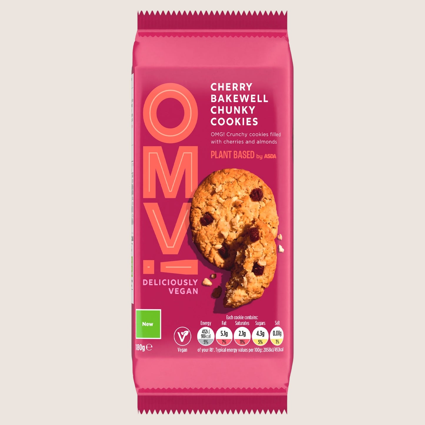 ASDA Plant Based Plant Based OMV! Cherry Bakewell Chunky Cookies Free From Artificial Additives 180g