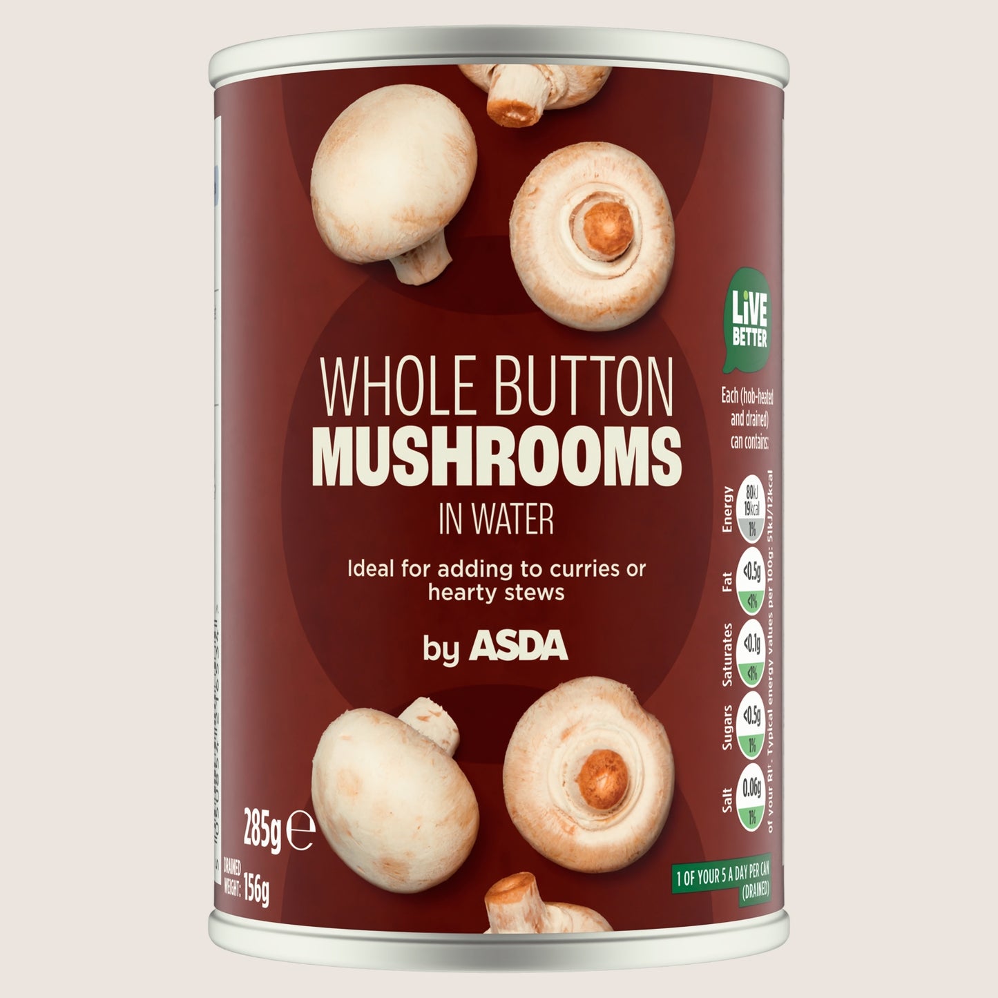 ASDA Whole Button Mushrooms in Water In Spring Water 285g